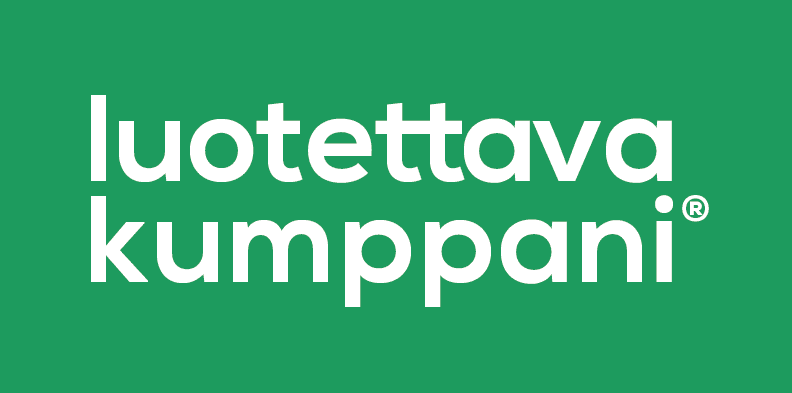 Luotettava kumppani logo. Valkoinen teksti vihreän laatikon sisällä.